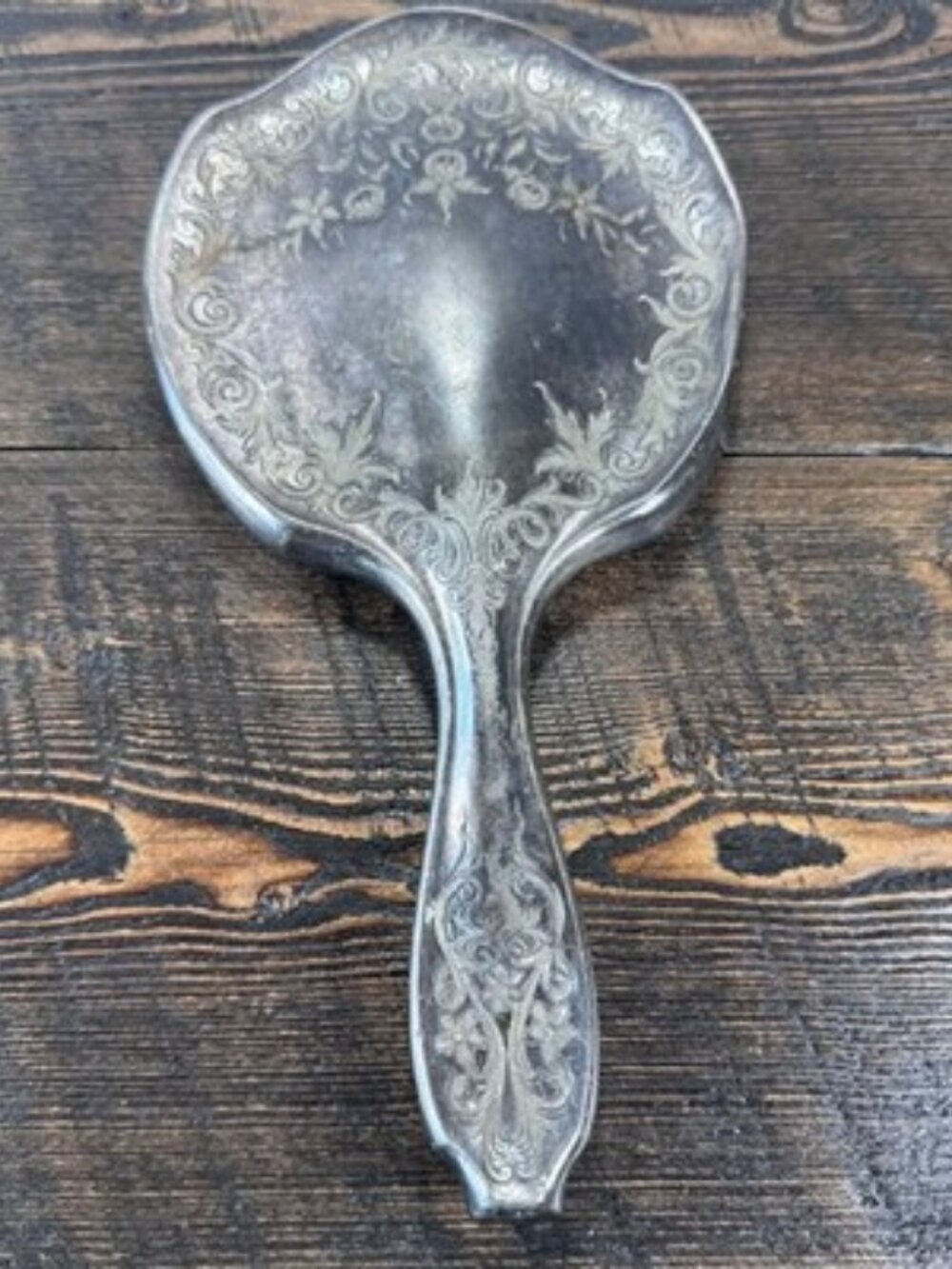 Vintage Handheld Vanity Mirror Floral Etched Metal Frame Tarnished Silver